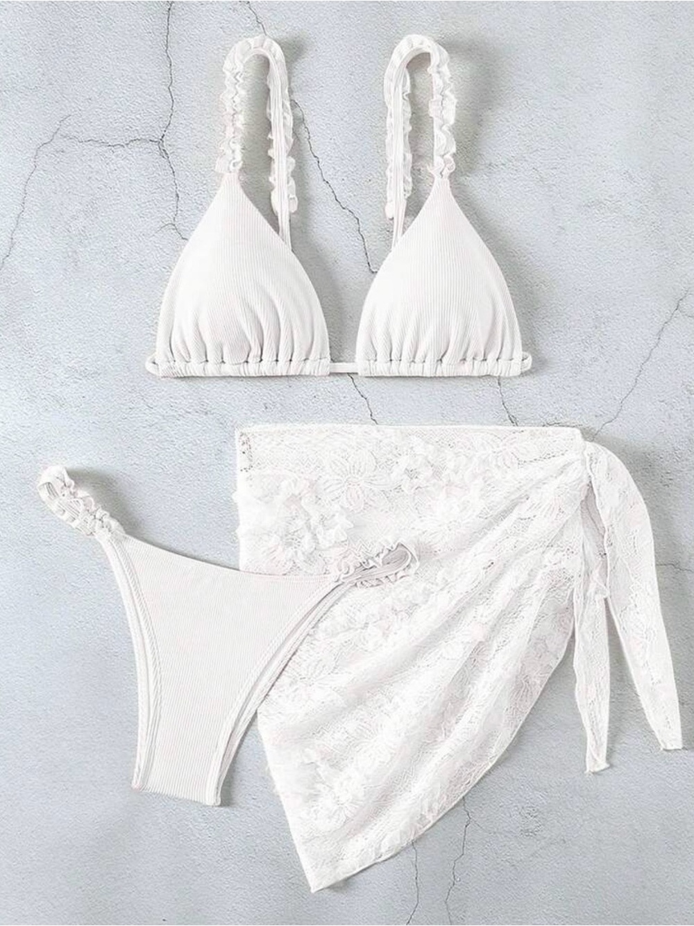 New! 3 pcs White lace bikini set with ruffled straps and tie detail - Size M